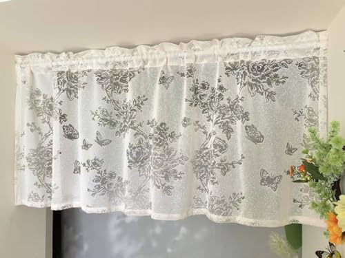 Vordersack Jacquard Scheibengardine mit Schmetterlings-Blumenmuster Landhausstil Kurzstore Stickerei halbtransparent Bistrogardine mit Stangendurchzug 1 Stück Sand HxB 50x90cm