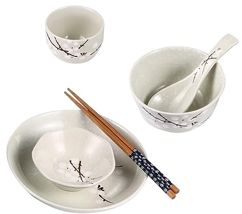 Dinnerware Set 6 Piece Japanese Style Ceramic, for One Person | Includes Bowl, Plate, Cup, Dish, Spoon and Chopsticks, Ceramic and Wooden Finish, Complete Household Kit