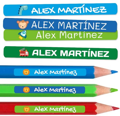 100 personalisierte Klebeetiketten für Bleistifte und Kugelschreiber. Schulaufkleber mit Namen zum Markieren von Gegenständen. Wasserfeste Aufkleber für Schule und Kindergarten Maße 4,6 x 0,6 cm