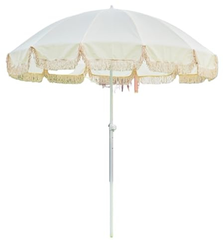 Parasol d'extérieur, Parasol de Plage avec Pompons, Parasol de Jardin de 2,4 m, Parasol de terrasse Portable pour la Plage, sans Base, Design Blanc élégant