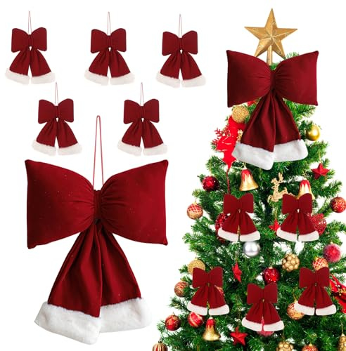 ZoneYan Gros Nœud Rouge de Noël, 6 Pcs Arcs de Noël Rouges, Gros Noeud pour Sapin PE Noël, Noeud De Noël Velours, Ensemble Rouge d'arc PE Noël, Décorations PE Noël à Gros Nœud Rouge à Suspendre