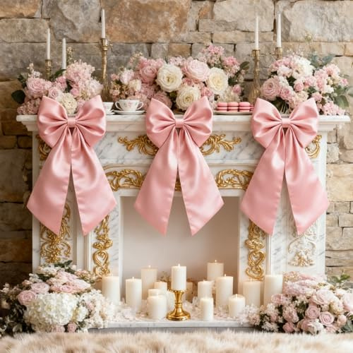 Big Pink Bow Coquette Room Decor, 23x11 Inch Satin Bows Large Pastel Pink Bows Birthday Decorations as Crib Skirt for Christmas Tree Topper Girl Room Xmas Gift Wrapping Bachelorette Baby Shower (3pcs)