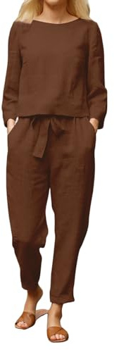 Generisk fritidsoverall för kvinnor, 2-delad, elegant, plissé set, elegant byxkostym, långärmad kavaj, blus och vida ben, byxor, enfärgade, höstoutfit, bekväm loungewear, kaffe, XXL