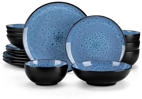 vancasso Bubble Blue Dinner Set, 16 Pieces Dinner Sets for 4 People, Reactive Glaze Plates and Bowls Set in Vintage Look, Include Dinner Plates, Dessert Plates, Pasta Bowls and Cereal Bowl