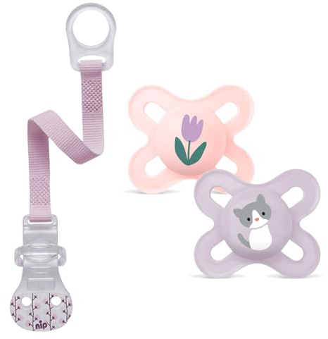 MAMSkin Soft Silikon mini-Schnuller Start speziell für Früh- und Neugeborene extra klein // 0-2 Mo. Girl // 2er Set // inkl. Sterilisiertrasportboxe & NIP Schnullerband
