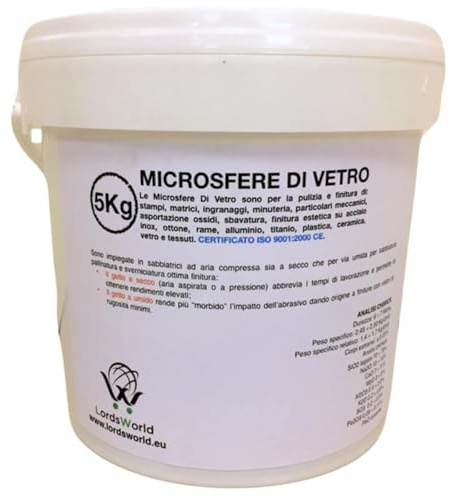 Microsfere di Vetro Abrasivo 5Kg, 200-300 Micron - Sabbia per sabbiatrice, Durezza Mohs 6-7, Riutilizzabile 6-7 Volte, per Sabbiatura, Sverniciatura e Finitura - LordsWorld