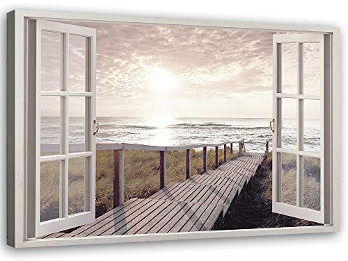 Feeby Wandbild - Wohnzimmer Modern Deko - Fensterblick Holzsteg Meer - 90x60 cm 1tlg - Bilder Leinwand - Bild auf Leinwand Schlafzimmer - Leinwandbilder für die Wand - Canvas Painting - Fotokunst