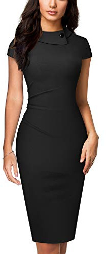 HOMEYEE Damen Vintage Revers Geraffte Bodycon Business Bleistiftkleid B574 (M, Schwarz)