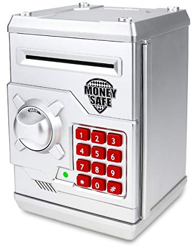 Qwifyu Piggy Bank for Boys Girls, 4 5 6 7 8 9 10 Year Old Girl Boy Birthday Gift Ideas, Electronic Password Money Saving Box ATM, Great Gift Safe Bank Toys for Kids (Silver)