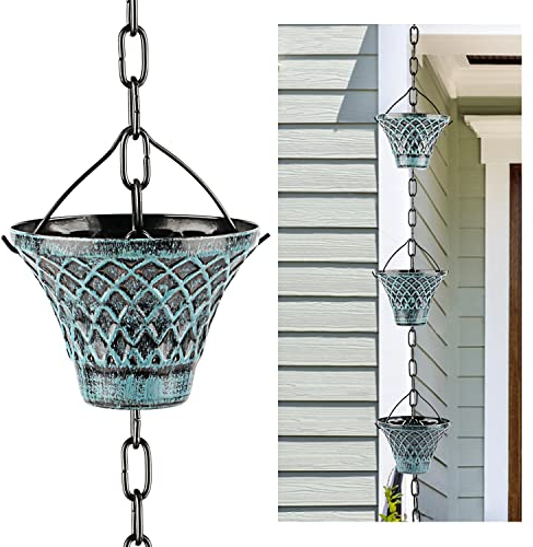 Hanayard Decorative Blue Plaid Rain Chain Umbrella Shape Downspouts 8.5 FT Outdoor Garden Decor for Gutters - 12 Cups…