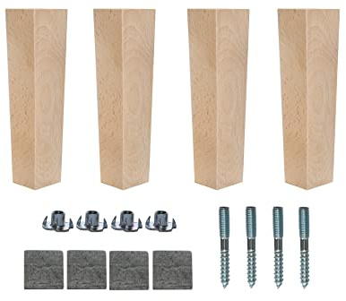 4''-10’’ Wooden Tapered Trapeze Furniture Replacement Legs Colour M8 Thread T-Nuts Protective Felt Pads Set Of 4 Legs For Sofa Cabinet Footstool Chair Bed Ottoman 10-25 CM (10'' = 25 CM, Clear Lacq)