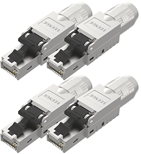 LEENUE Shielded Toolless CAT7 RJ45 Connector, 10Gbps/600MHz, 4 Pack | Gold-plated Ethernet Plug for Cat7 Cat6A Ethernet Cable, For 22-24AWG Stranded Network Cables, Supports PoE, reusable