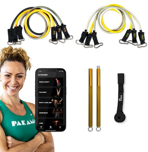 PAKAMA - Premium 6er Set Widerstandsbänder inkl. Langhantel-Stange (Bar) für Home Workout & Krafttraining Zuhause - Heavy Resistance Bands 14kg bis 24kg - Fitness-Bänder für bis zu 220kg Widerstand