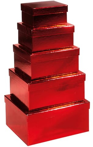 Deco Woerner Geschenkboxen-Set mit Deckel 5 Stück rot glänzend von 16 x 6 x 12 cm bis 19 x 10 x 22 cm (B x H x L) Geschenkverpackung Aufbewahrung