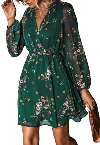 CUPSHE Women's Floral Print Chiffon A-Line Mini Dress Long Peasant Sleeves Elastic Autumn Dress Green S