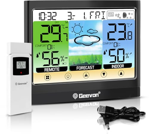 Geevon Weather Stations Wireless Indoor Outdoor Thermometer Hygrometer with Dew Point, Heat Index, Touch LCD Display Digital Weather Thermometer with Alarm Clock and Adjustable Backlight