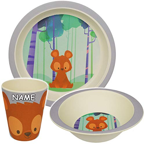 alles-meine.de GmbH 3 TLG. Set - Kunststoff - Geschirrset - Teddy Bär/Waldtiere - inkl. Name - BPA frei - Kunststoffgeschirr - Trinktasse + Teller + Müslischale - Spülmaschinen..