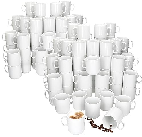 MamboCat Event 96er Set Kaffeebecher I 250 ml I weiße Porzellan-Becher mit Henkel 96 Personen I stapelbare Tassen für Heißgetränke wie Tee, Kakao, Latte Macchiato & Co I schickes Kaffee-Geschirr