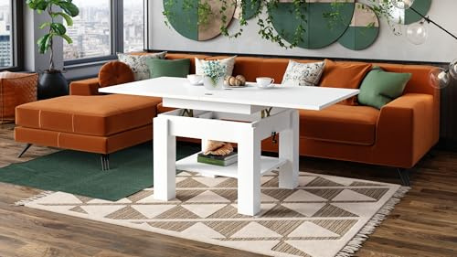 designimpex Cleo Couchtisch aufklappbar höhenverstellbar 75/150 cm in Weiß Matt modern Ablage Wohnzimmertisch Esstisch Beistelltisch Sofatisch Couch Tisch Living Room Table Wohnzimmer