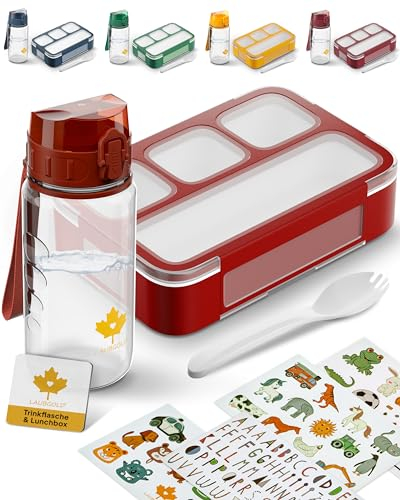 LAUBGOLD® Brotdose Kinder mit Fächern & Trinkflasche Kinder mit Stickern | BPA-freies Kita Set | Leichte Trinkflasche Kinder 350ml auslaufsicher u. Kohlensäure geeignet | 530ml Lunchbox mit 4 Fächern
