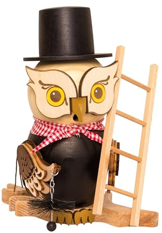 Drechslerei Kuhnert Rauchfigur/Räucherfigur - Eule Schornsteinfeger aus Massivholz - ca. 15 cm - Made in Germany