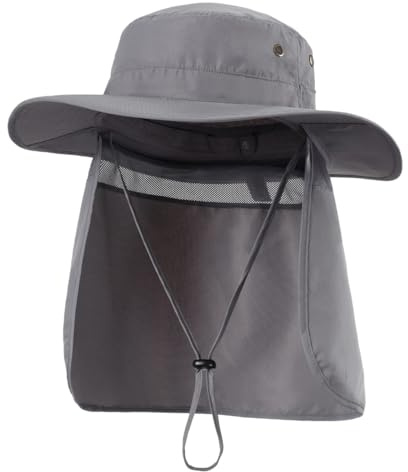 Magracy Sombrero de sol de ala ancha UPF 50+ para hombre con solapa en el cuello, protección UV, malla safari, sombrero de pesca, gris oscuro, Taille unique