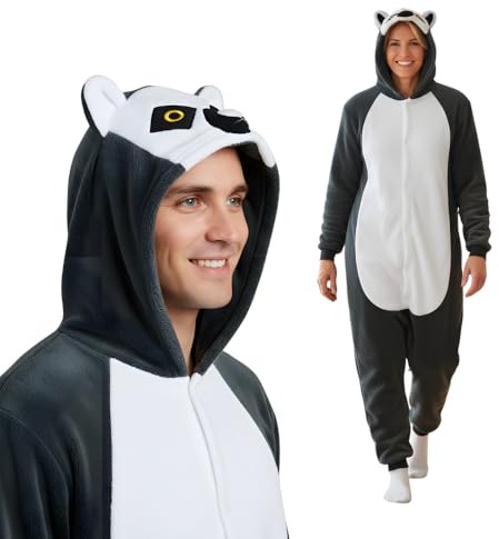 Nerd Hunters Onesie dräkt för vuxna – plyschig kigurumi-pyjamas, unisex djurkostym, storlekar S–XL (DE/NL/SE/PL, alfanumerisk, XL, regulär, lemur), GRÅ