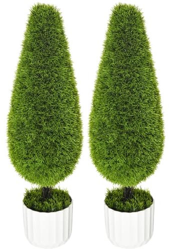 DecHome - Set 2 Piante Finte di Cipresso con Vasi Ø12x16 cm colore Muschio e Cemento in PE e Plastica Verde e Bianco