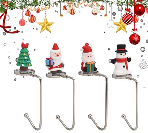 BRTNUP Set di 4 ganci per calze di Natale, per camino, calze di Natale, albero di Natale, pupazzo di neve, per camino, ganci per calze di Natale, decorazioni per feste di Natale