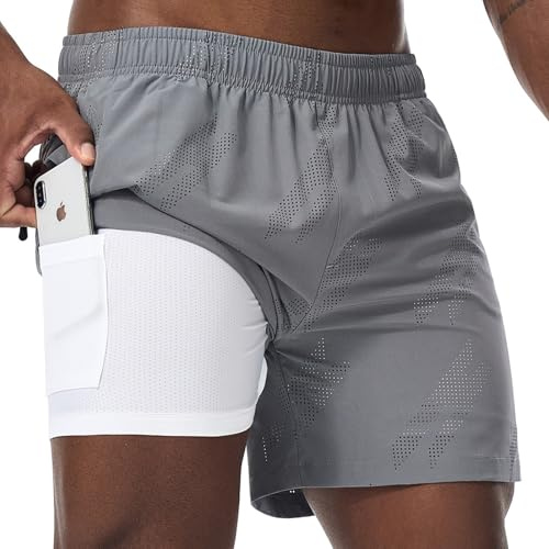 Danfiki Löparshorts för män, gym, 2 i 1 sport, andningsbar, atletisk träning, kort kompressionsfoder, utomhusträning med fickor, Grå, XL