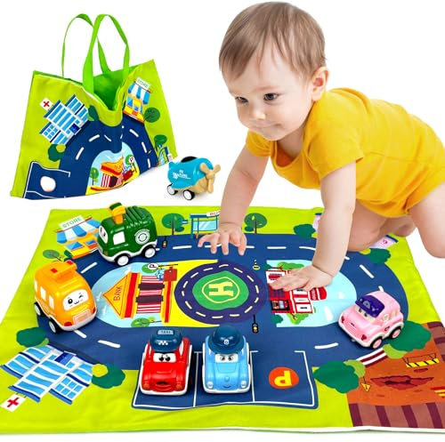 Bibykivn Spielzeugautos zum Zurückziehen 6 Stück Baby Auto Spielzeug, Aufziehauto mit Spielmatten Aufbewahrung, Press-and-Go Spielzeug Autos Set für Geburtstag Weihnachten Geschenk (6 Stück)