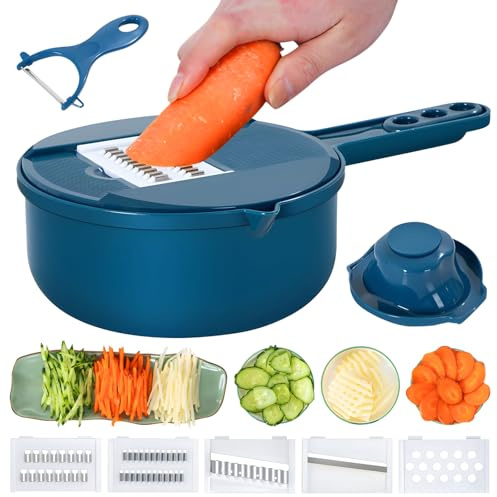 Vegetable Chopper-7 IN 1 Potato Slicer,Vegetable Grater Food Chopper with Container Multifunctional Chopper Vegetable Cutter Slicer With 6 Stainless Steel Blades For Kitchen (Blue, 7 in 1)