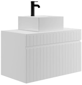 Vente-unique-Mobile per bagno sospeso scanalato e lavabo quadrato da appoggio 80 cm Bianco - SATARA