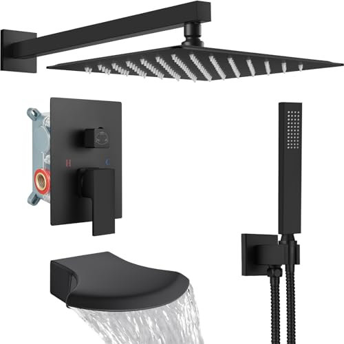 Midanya Regenduschsystem Badewanne Dusche Wasserhahn Set Quadratischer Regenduschkopf mit Handbrause und Wasserfall Wanne Auslauf-Kombination, Wandhalterung, 30,5 cm, Mattschwarz
