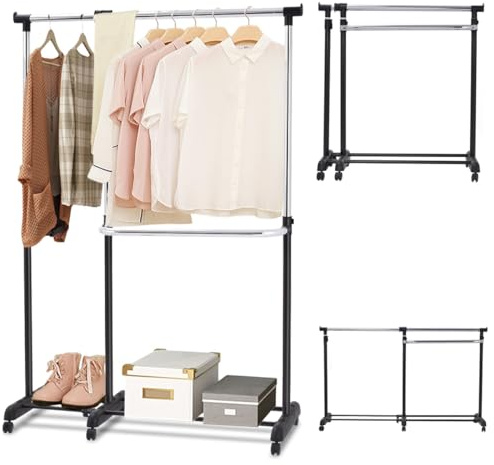 HOMASIS Kleiderständer höhenverstellbar, Kleiderstange auf Rollen, Garderobenständer mit Schuhablage, Garderobe aus Stahl, Rollgarderobe Ausziehbar, Clothes Rack Kleiderwagen stabil (Modell 3)
