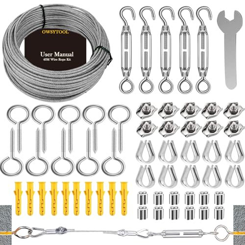 OWSYTOOL Garden Wire for Climbing Plants, 40M 2mm Wire Rope Kit, Vinyl Coated 304 Stainless Steel wire with Turnbuckles, String Lights Hanging, Outdoor Camping, Clothes line (40M 2MM)