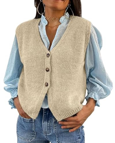 Women Knit Vest Top Y2k V Neck Sleeveless Button Down Solid Color Sweater Cardigan Loose Basic Knitted Tank Tops (Khaki, M)