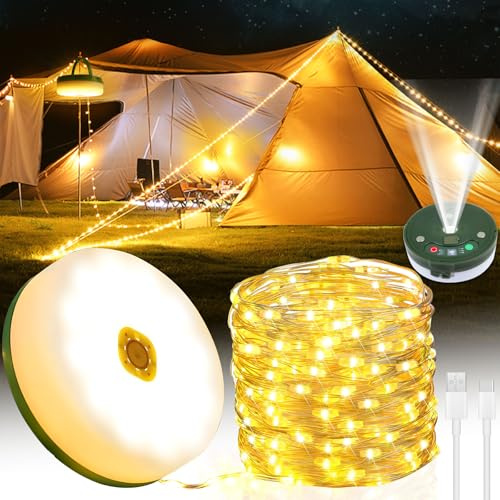 POWZOO 10M Luces Exterior Solar,3 en 1 luz camping Portátil,9 Modos,con Mando,USB Recargable,2000mAh IP44, Cadena Luz Solar Exterior Retractil,Cadena de Luces para Camping,Fiestas,Terraza,Jardines.