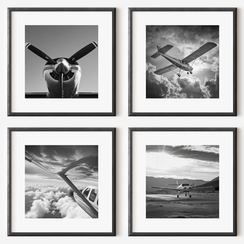 MJ-GRAPHICS® Quadratisch Poster Piloten Aviation Passion Poster Set Flugzeug Kunstdruck Wohnzimmer Wandbild Pilot Luftfahrt Schwarz-Weiß Poster Vintage Retro – 20x20 cmOhne Rahmen