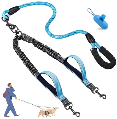 Blanlody guinzaglio doppio per cani, guinzaglio elastico riflettente con rotazione a 360°, due manici imbottiti e sacchettini per le feci, per passeggiate e addestramento, blu