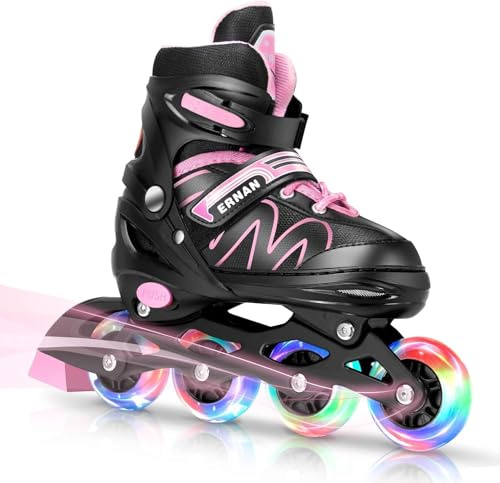 ERNAN Inline Skates,Adjustable Light up Kids Inline Skates, for Boys and Girls,Roller Skates for Kids Youth, Beginner (Pink, M)