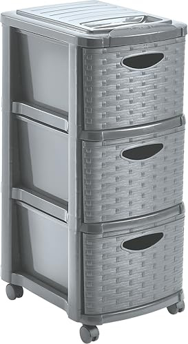 M home by Mazzei Mondex – Torre de almacenamiento con 3 cajones con ruedas – Plástico con aspecto de mimbre, tamaño A4, altura 66 cm, color gris – Fabricado en Francia