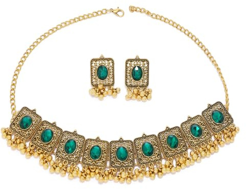 IMINI Vintage Bollywood Jewellery Set for Women - Oxidised Gold-Toned Cubic Zirconia Choker Necklace & Dangle Earrings with Crystal Beads – Adjustable Ethnic Wedding Party Gift for Her (Green)