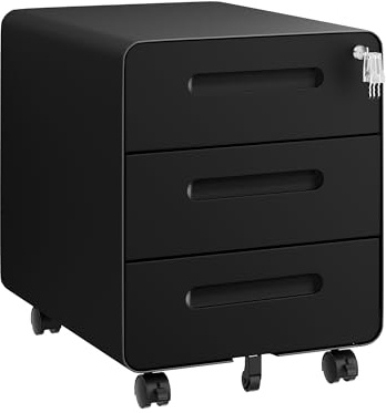 HOMSTEEL Rollcontainer, Mobiler Aktenschrank mit Schloss,Abgerundeten Ecken, 4 Schlüssel, Druckertisch, Bereits Vormontiert (Schwarz, 3 Schubladen - 50cm H)