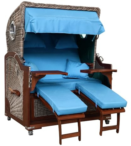 Webavita Strandkorb Bali Mahagoniholz | 2,5-Sitzer | Montiert | Geflecht Grau | Bezug Türkis | Halblieger | Beach Chair für den Garten Terrasse Balkon