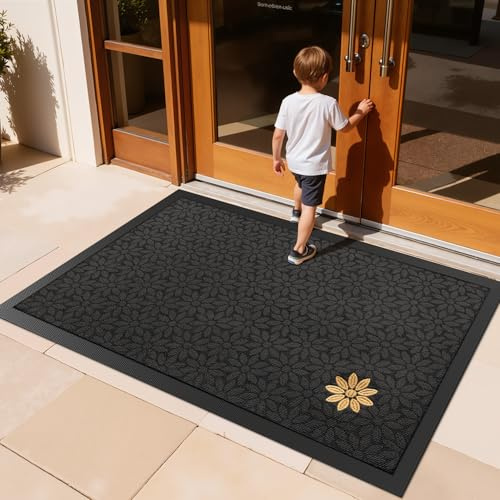 LUMI Premium Front Door Mat 32x47, Non-Slip Heavy Duty Rubber Welcome Mats, Embroidered Tree Dirt Trapper Doormat for Indoor Outdoor Entryway, Porch, Patio, Grey Gold Daisy