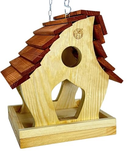 STAFECO Vogelfutterhaus Vogelhaus Holz Futterhaus Hängend – Wetterfest, Massives Holz, Imprägniert, Mit Kette Zum Aufhängen, Langlebiges Vogelhäuschen für Wildvögel (gebogenes Dach)