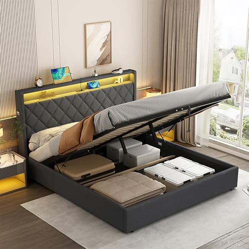 Laxnb Double Bed 4ft6 Upholstered Ottoman Bed Frame with LED Light & USB/TypeC Ports, 135x190 cm Double Bed with Storage, Hydraulic Storage Beds Frame, Button LED Headboard, No Mattress, Linen Grey