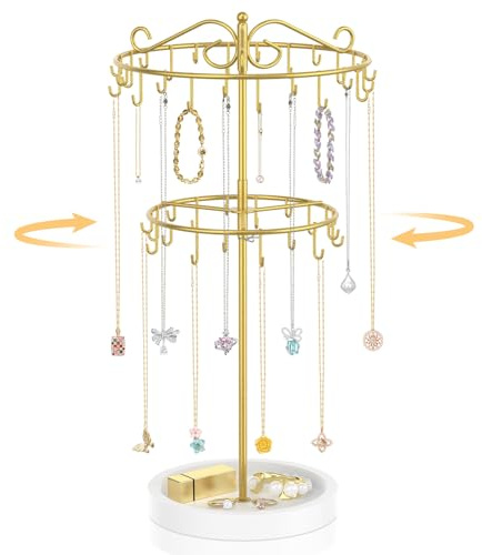 EsLuker.ly Kettenständer Kettenhalter Schmuck Schmuckständer Ketten Halsketten Aufbewahrung, 2-stufig Höhenverstellbar Kettenaufbewarung Schmuck Aufhänger Drehbarer mit Wooden Tray, Gold+Weiß
