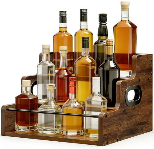 QIANBAIYI 3-stöckiges Weinregal, Flaschenregal, Mini Bar mit Griffen und Ablagen, Sirupregal aus Holz, Weinregal für die Arbeitsplatte, Hausbar-Regal für Whisky und andere Spirituosen für Partys